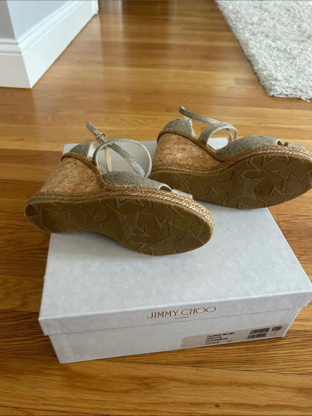 Jimmy Choo Platinum Ice Alana Espadrille Wedge Sandals size 38.5
